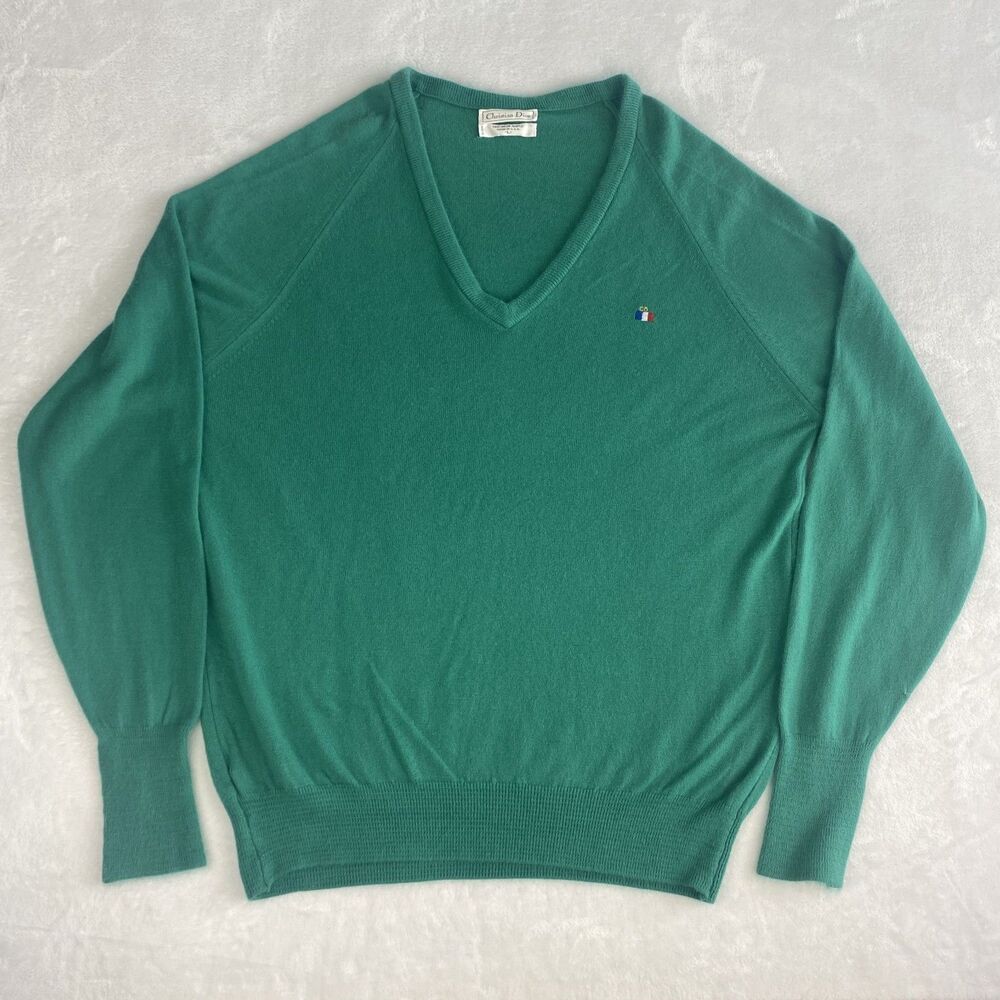 Vintage Christian Dior Monsieur Sweater Mens Large Green V Neck Pullover